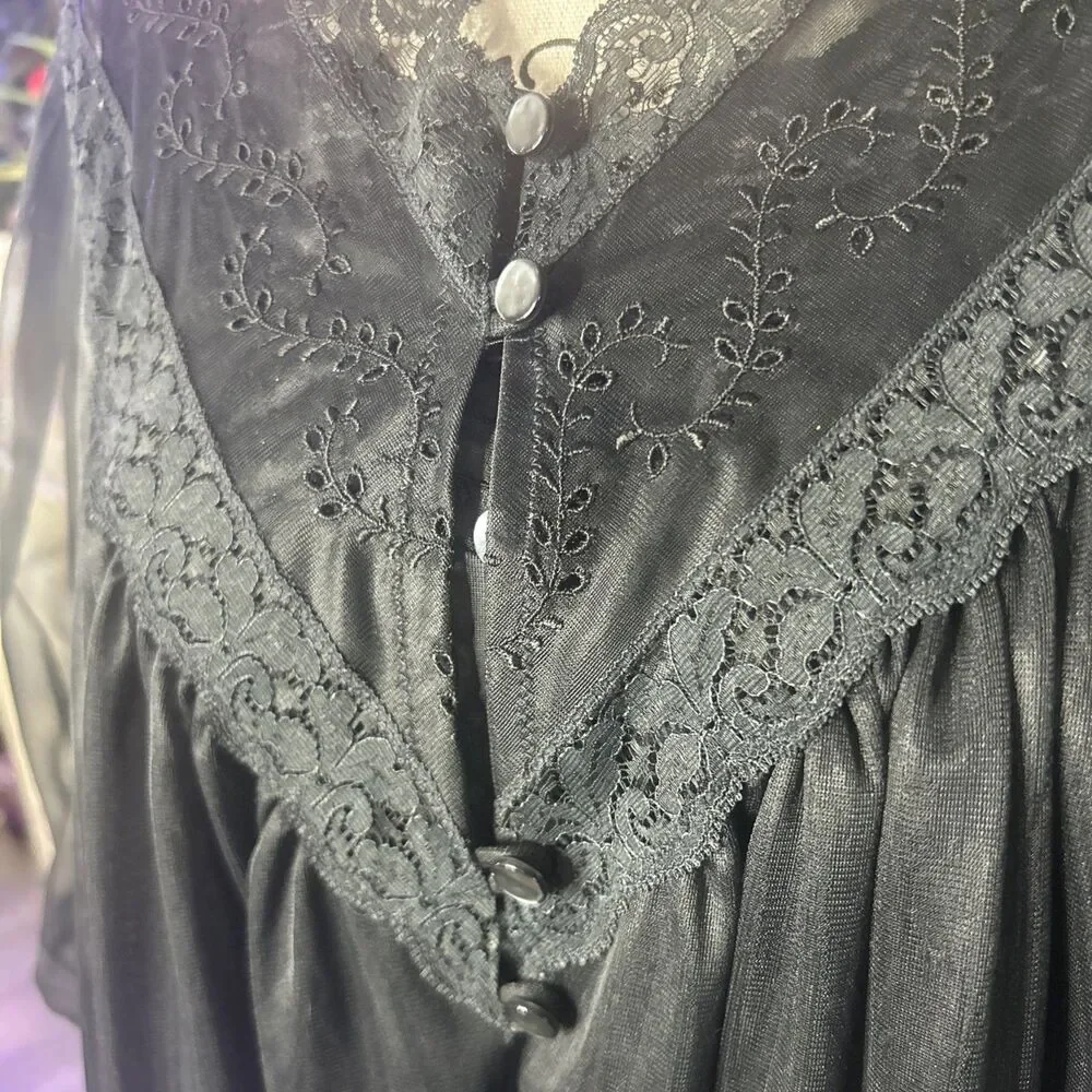Vtg JC Pennys Black  Nightgown & Robe Peignoir Set- M Whimsigoth Goth Victorian